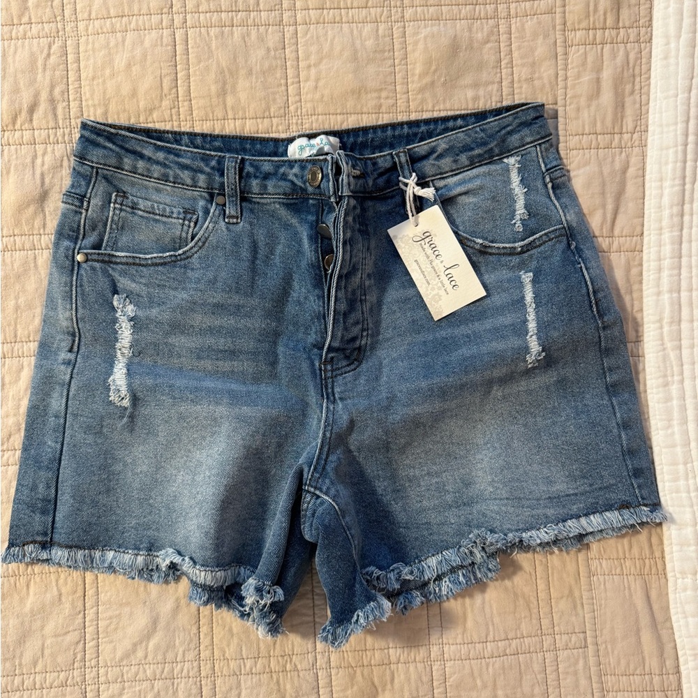 Grace & Lace Distressed Denim Shorts in Medium Blue